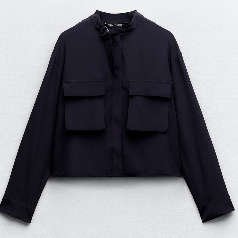 ZARA Tabbed Collar Cropped Shirt - Navy Blue - Small